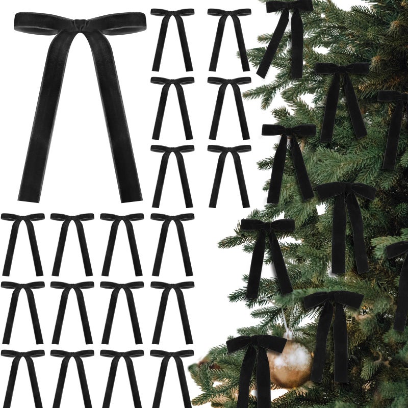 Glitinsel 24 Pcs Velvet Bows for Christmas Tree Vintage Ribbon Bows for Crafts Garland Home Coquette Wedding Birthday Decor5 x 7 Inch Width of 1Black - Image 2