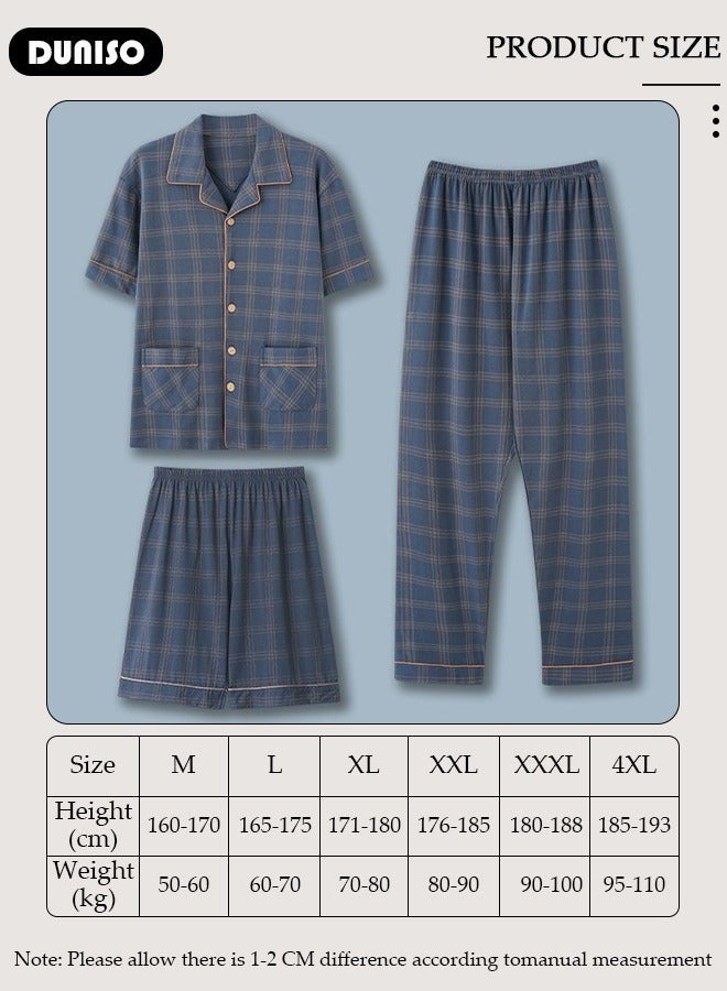 DUNISO Men's Pajamas Set, 3-Piece Long Sleeve Sleepwear Top, Long Pants and Short Pants Sleepwear Button Down Loungewear Set Soft Pajamas Set with Pockets for Men - Image 4