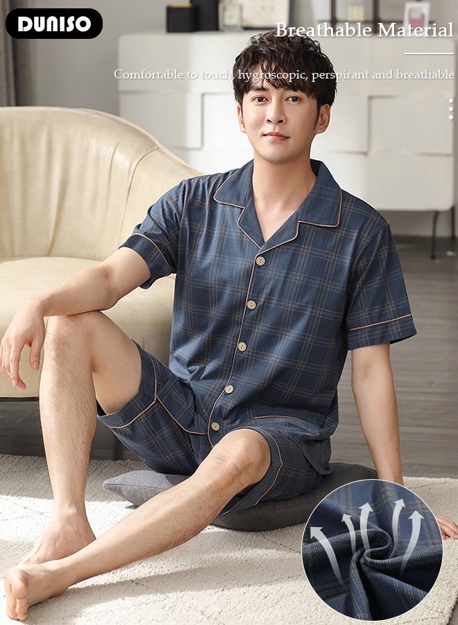 DUNISO Men's Pajamas Set, 3-Piece Long Sleeve Sleepwear Top, Long Pants and Short Pants Sleepwear Button Down Loungewear Set Soft Pajamas Set with Pockets for Men - Image 2