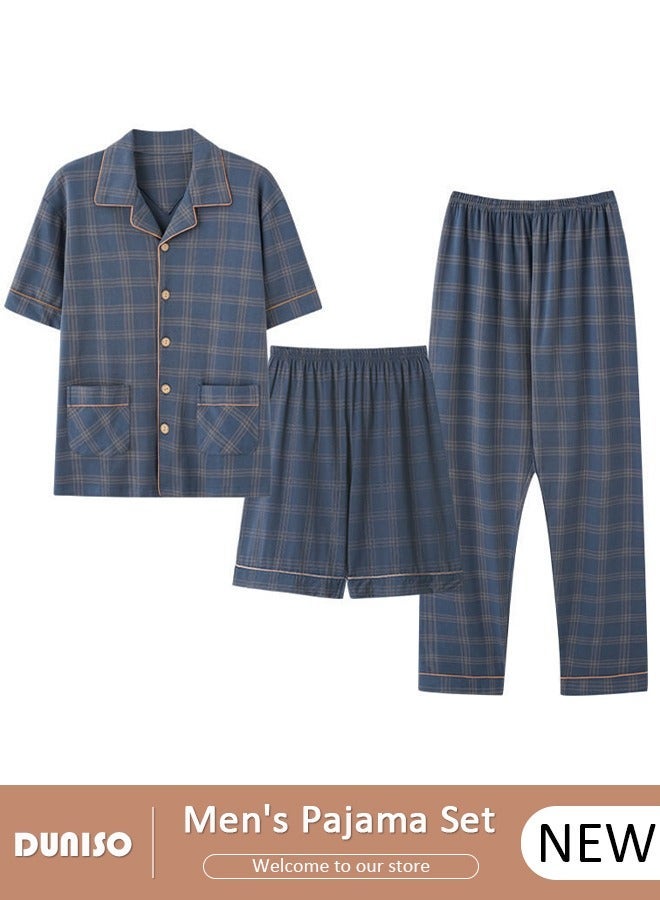 DUNISO Men's Pajamas Set, 3-Piece Long Sleeve Sleepwear Top, Long Pants and Short Pants Sleepwear Button Down Loungewear Set Soft Pajamas Set with Pockets for Men - Image 1