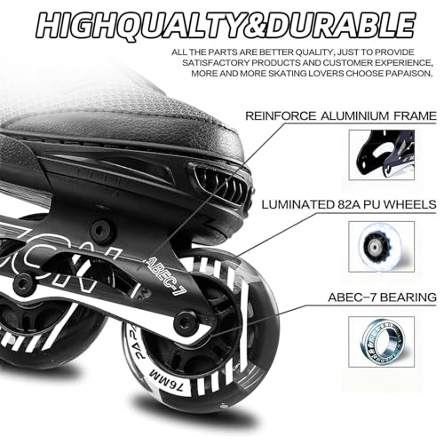 PAPAISON Adjustable Inline Skates for Kids and Adults with Full Light Up Wheels, Outdoor Roller Skates for Girls and Boys, Men and Women (Black, Large-Youth & Adult (5-8Women/4-7Kids Men)) - Image 4