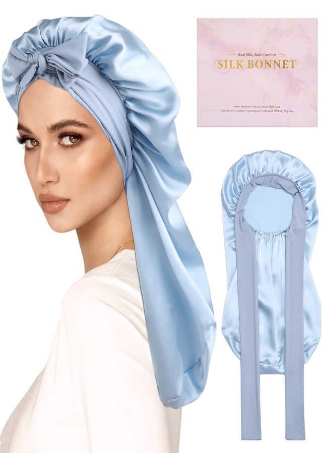 AWAYTR Long Silk Bonnet for Sleeping - 100% Mulberry Silk Bonnet for Women Long Hair Sleep Cap with Elastic Tie Band (Sky Blue - Image 1