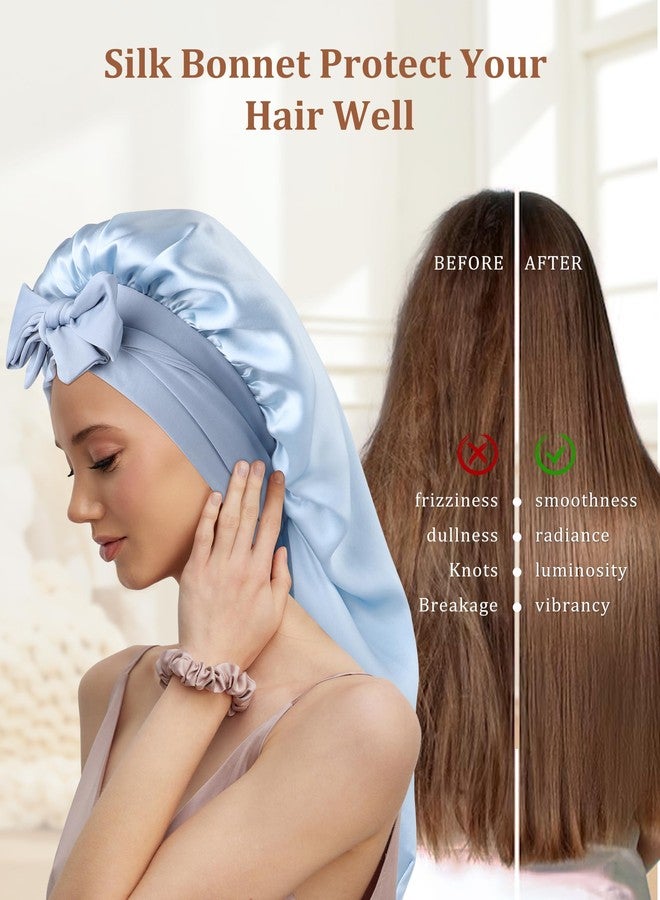 AWAYTR Long Silk Bonnet for Sleeping - 100% Mulberry Silk Bonnet for Women Long Hair Sleep Cap with Elastic Tie Band (Sky Blue - Image 3