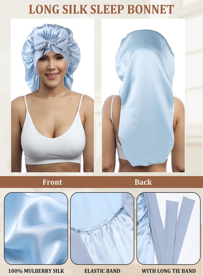 AWAYTR Long Silk Bonnet for Sleeping - 100% Mulberry Silk Bonnet for Women Long Hair Sleep Cap with Elastic Tie Band (Sky Blue - Image 4