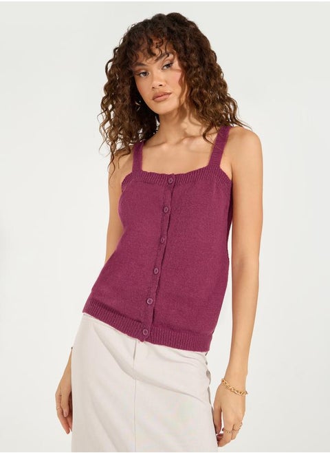 Flat Knit Cami Top with Front Button Detail