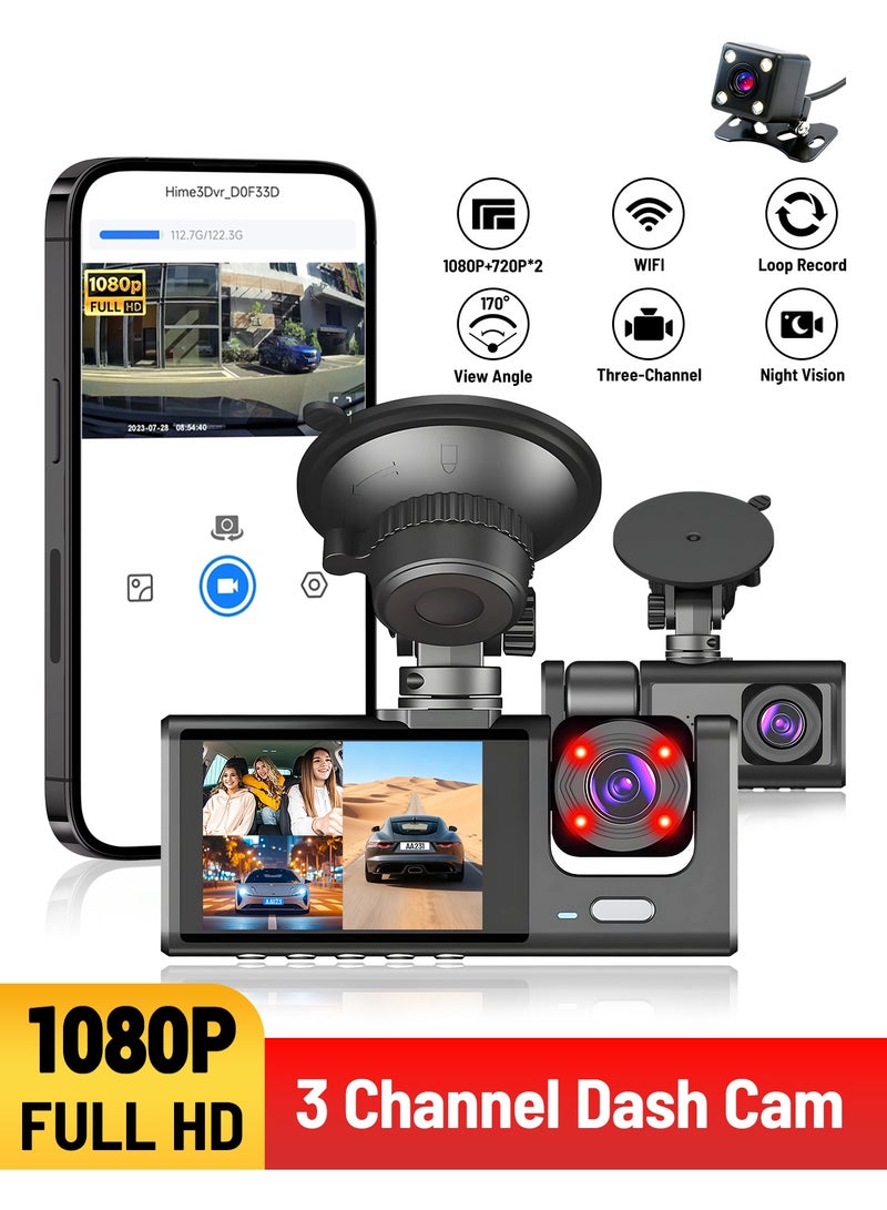 AL-QIRSH Three Cameras App View Built-in Display Dash Cam Front 1280*1080P,Inside and Rear 1280*720p,Car DVR System, Built-in WiFi, Adjustable Lens Dash Camera for Cars with Night Vision, 24 Hours Parking Mod - Image 1