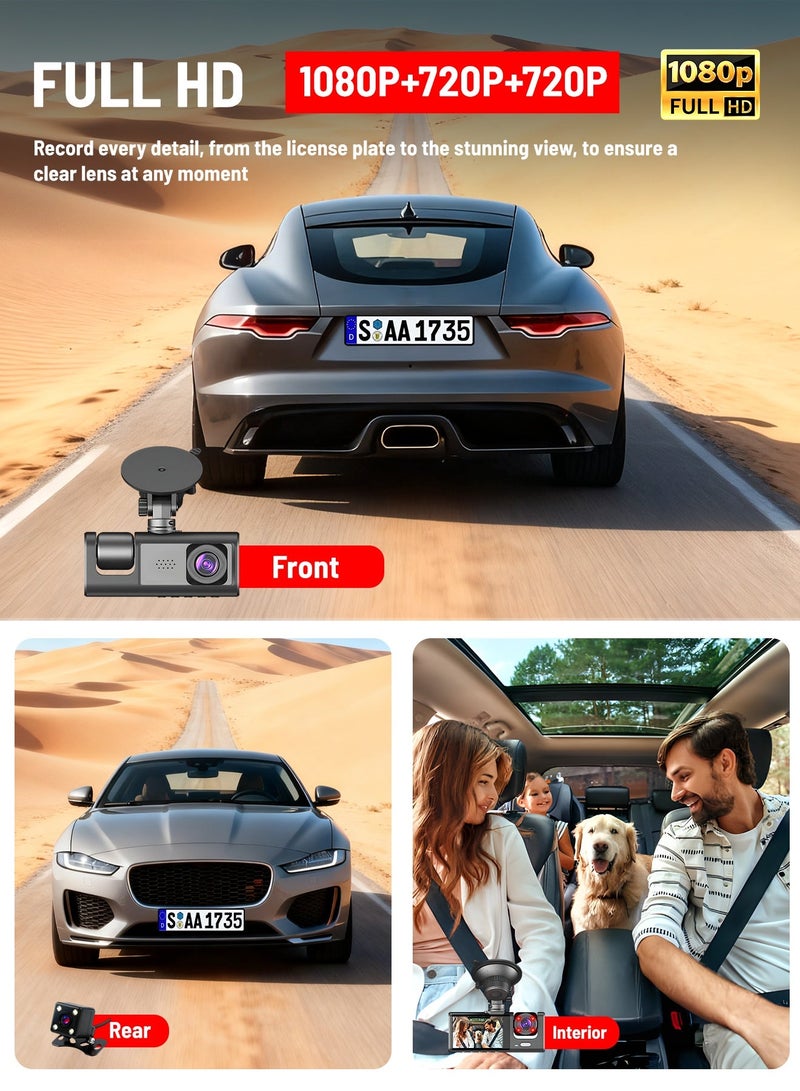 AL-QIRSH Three Cameras App View Built-in Display Dash Cam Front 1280*1080P,Inside and Rear 1280*720p,Car DVR System, Built-in WiFi, Adjustable Lens Dash Camera for Cars with Night Vision, 24 Hours Parking Mod - Image 2