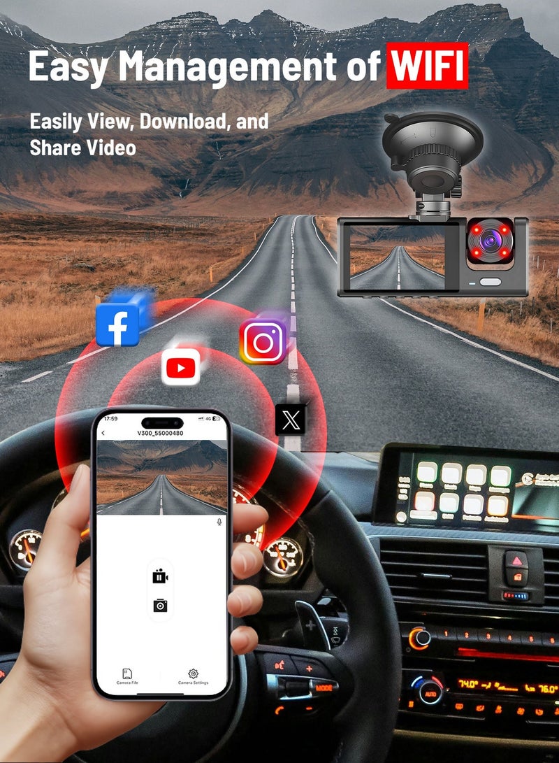 AL-QIRSH Three Cameras App View Built-in Display Dash Cam Front 1280*1080P,Inside and Rear 1280*720p,Car DVR System, Built-in WiFi, Adjustable Lens Dash Camera for Cars with Night Vision, 24 Hours Parking Mod - Image 5