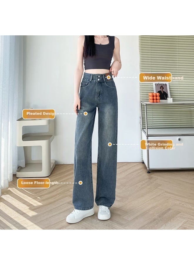 Yishangmei Women's Jeans Spring Autumn New Retro High Waist Slim Wide Leg Pants Small Size Loose Casual Straight Pants - Image 5