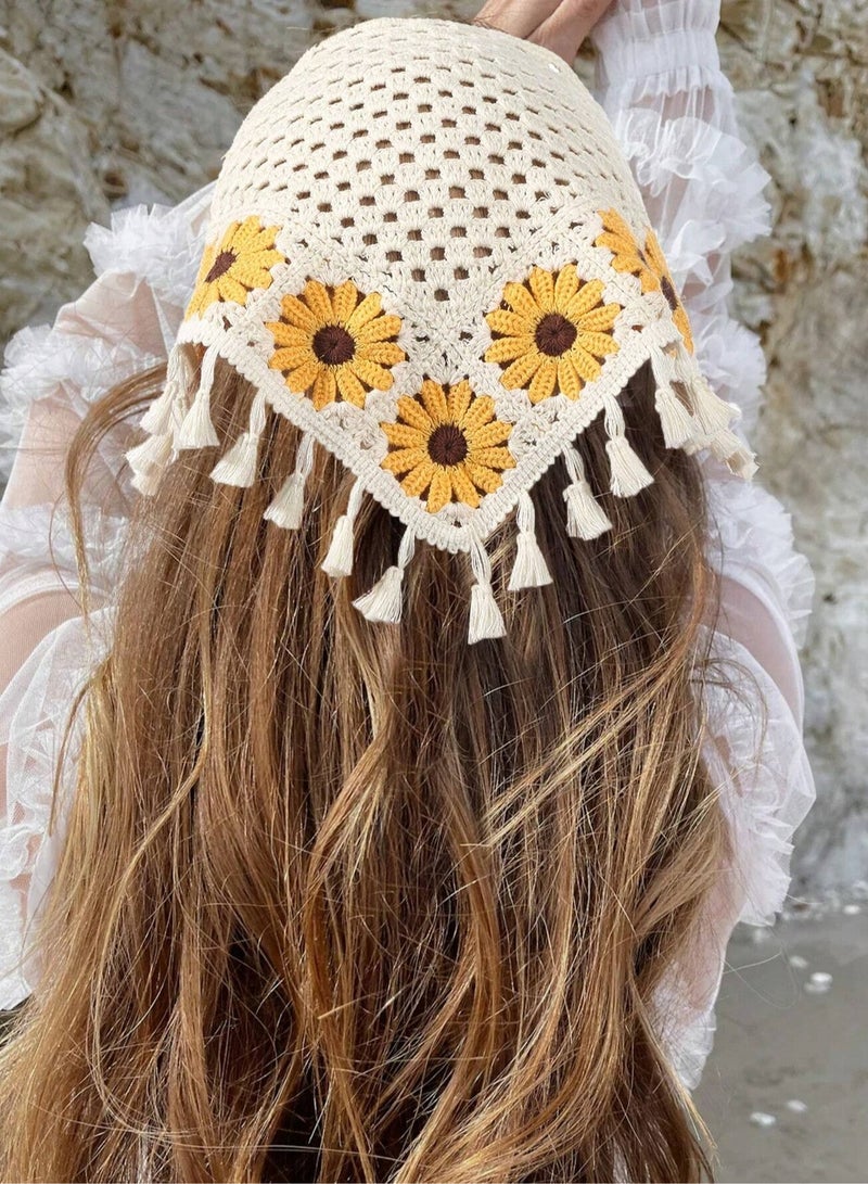 Hair scarf with a bohemian design adorned with sunflower patterns, adding a feminine and trendy touch. Suitable for summer parties, pools, trips, beach outings, and seasonal events - Image 1