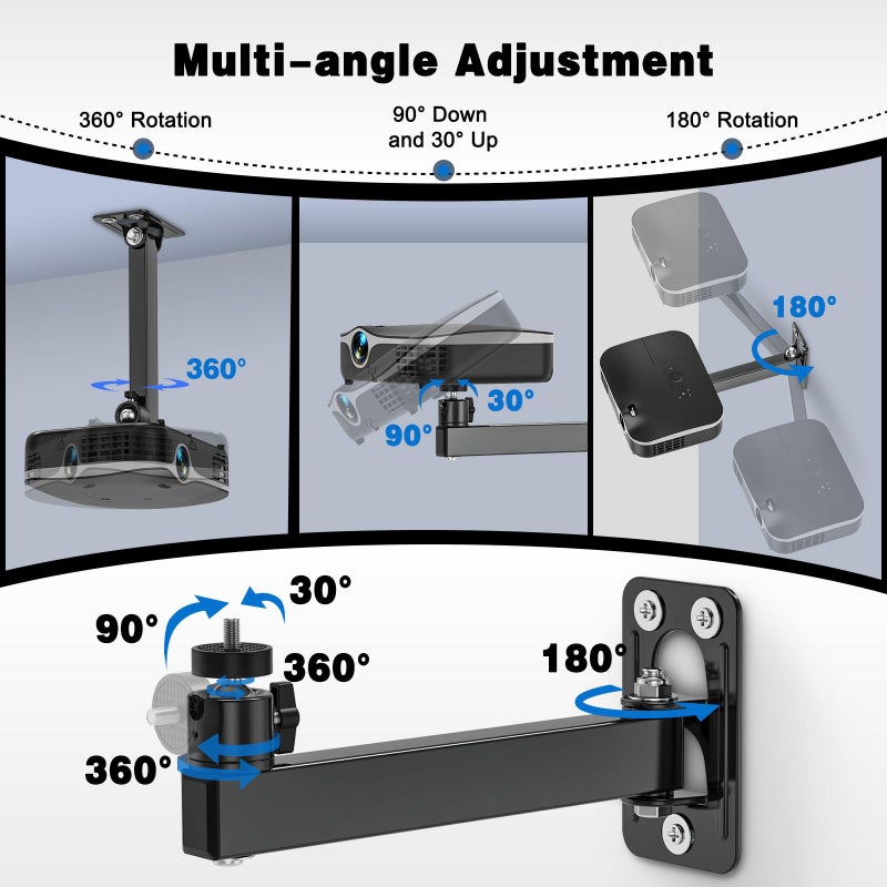 BAISHUN Projector Stand, Wall and Mini Ceiling Mount with 1/4-Inch Thread, 360-degree Rotation, Adjustable Tilt & Swivel, Foldable, Easy Setup Compatible with Most Projectors for Home, Office - Image 4