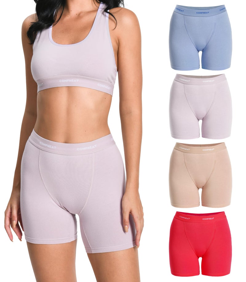Comfneat Women's 4-Pack Boyshorts Cotton Spandex Boxer Briefs Stretchy Underwear (Blue+Rosa+Magenta+Sand 4-Pack, S) - Image 1