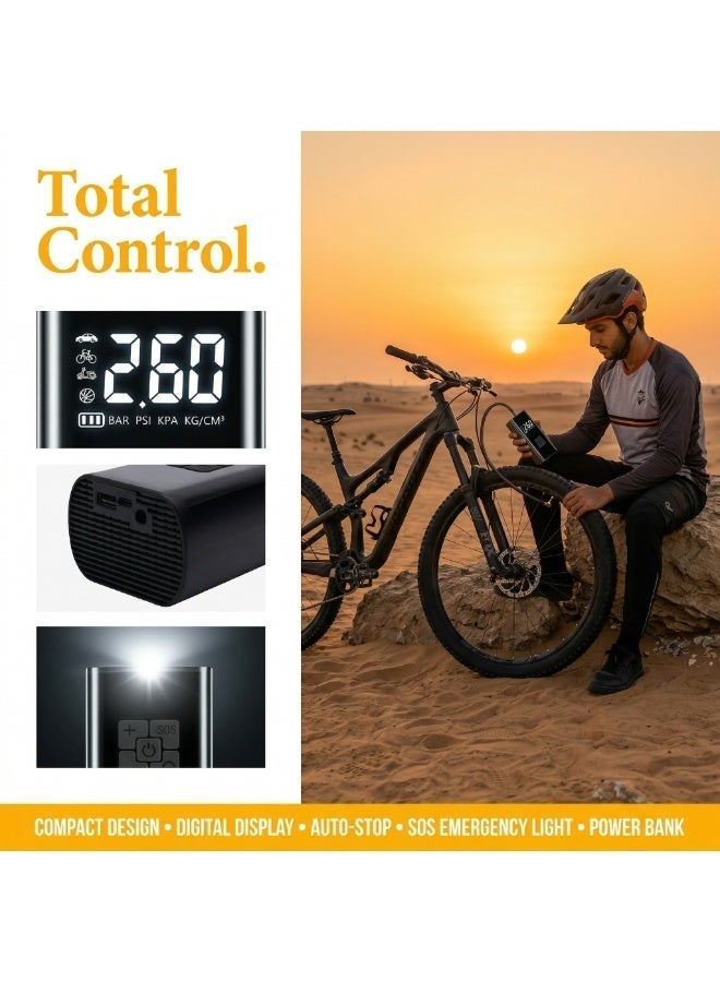 منفاخ هواء لاسلكي محمول للإطارات 150 PSI، مضخة رقمية بإيقاف تلقائي، شاشة LED، إضاءة SOS وباور بانك، للسيارة والدراجات والكرات - Image 4