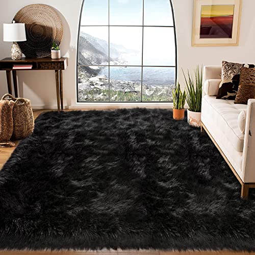 Latepis Shag Rug 6x9 Faux Fur Sheepskin Rug for Living Room Fluffy Washable Rugs for Bedroom Dorm Luxury Room Decor Black Fuzzy Rugs Rectangle - Image 3