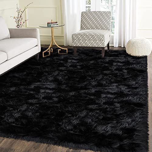 Latepis Shag Rug 6x9 Faux Fur Sheepskin Rug for Living Room Fluffy Washable Rugs for Bedroom Dorm Luxury Room Decor Black Fuzzy Rugs Rectangle - Image 1