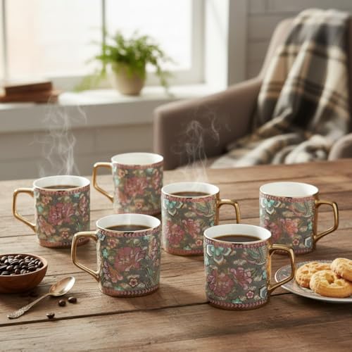 Femora Pink Blue Floral Blossom Grey Moss Ceramic Tea and Coffee Mugs, (180 ml, Golden) - 6 Pcs Set (NOT Microwave Safe) - Image 1