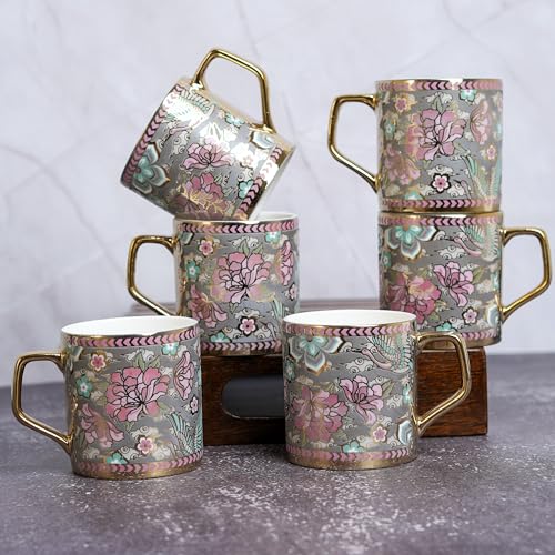Femora Pink Blue Floral Blossom Grey Moss Ceramic Tea and Coffee Mugs, (180 ml, Golden) - 6 Pcs Set (NOT Microwave Safe) - Image 5