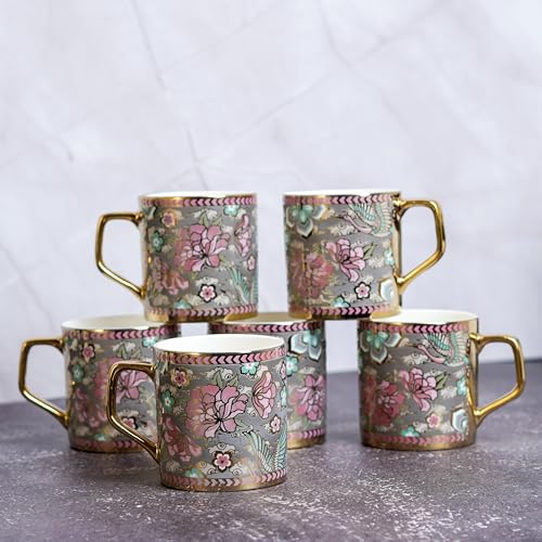 Femora Pink Blue Floral Blossom Grey Moss Ceramic Tea and Coffee Mugs, (180 ml, Golden) - 6 Pcs Set (NOT Microwave Safe) - Image 4