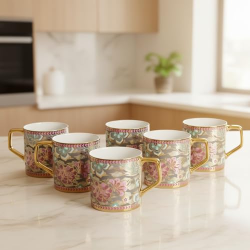 Femora Pink Blue Floral Blossom Grey Moss Ceramic Tea and Coffee Mugs, (180 ml, Golden) - 6 Pcs Set (NOT Microwave Safe) - Image 2