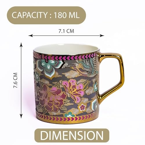 Femora Pink Blue Floral Blossom Grey Moss Ceramic Tea and Coffee Mugs, (180 ml, Golden) - 6 Pcs Set (NOT Microwave Safe) - Image 3