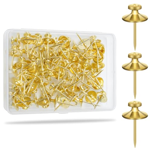 KURUI 60-Pack Metal Push Pins for Wall Hanging Decor, Renter Friendly Hooks for Bedroom Office Gallery Dorm Home, Double Headed Thumb Tacks for Tapestry/Canvas/ Picture Frame/Art, Gold Picture Hangers - Image 1