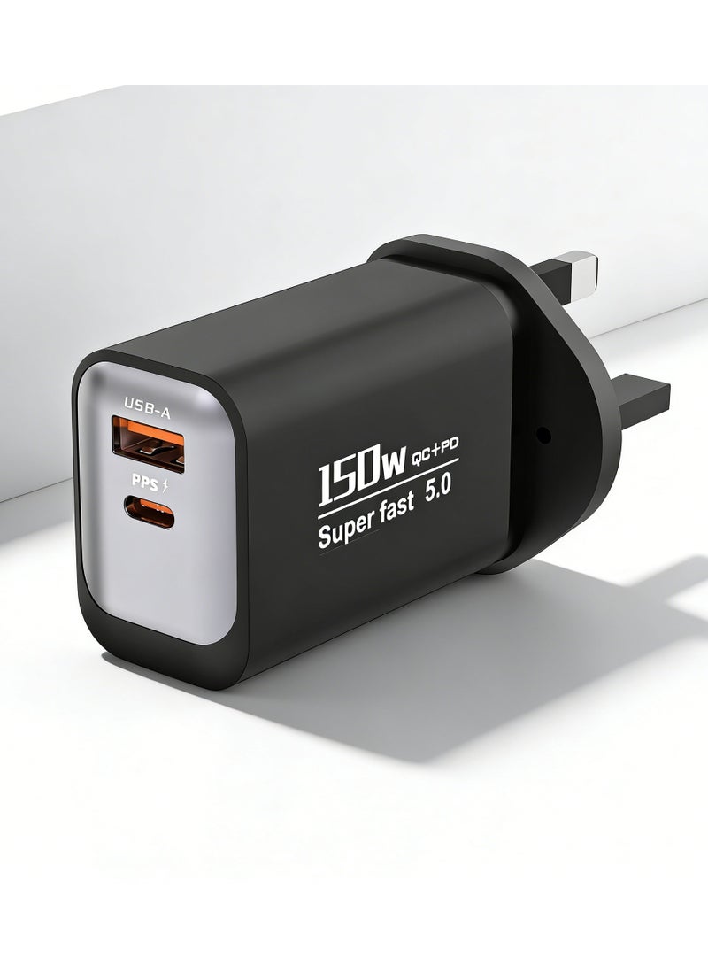 شاحن سريع عالمي بقدرة 150 واط، شاحن جداري متعدد المنافذ للسفر مزود بمنفذي USB-C وUSB-A، يدعم الشحن السريع لجميع البروتوكولات، متوافق مع الهواتف وأجهزة الكمبيوتر المحمولة والأجهزة اللوحية والأجهزة المنزلية الصغيرة - قابس بريطاني، أسود - Image 1