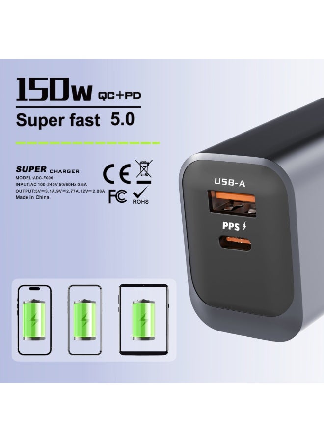 شاحن سريع عالمي بقدرة 150 واط، شاحن جداري متعدد المنافذ للسفر مزود بمنفذي USB-C وUSB-A، يدعم الشحن السريع لجميع البروتوكولات، متوافق مع الهواتف وأجهزة الكمبيوتر المحمولة والأجهزة اللوحية والأجهزة المنزلية الصغيرة - قابس بريطاني، أسود - Image 2