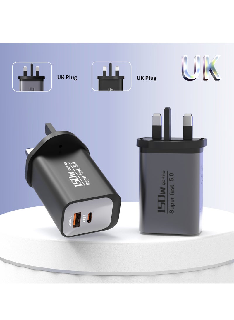 شاحن سريع عالمي بقدرة 150 واط، شاحن جداري متعدد المنافذ للسفر مزود بمنفذي USB-C وUSB-A، يدعم الشحن السريع لجميع البروتوكولات، متوافق مع الهواتف وأجهزة الكمبيوتر المحمولة والأجهزة اللوحية والأجهزة المنزلية الصغيرة - قابس بريطاني، أسود - Image 4