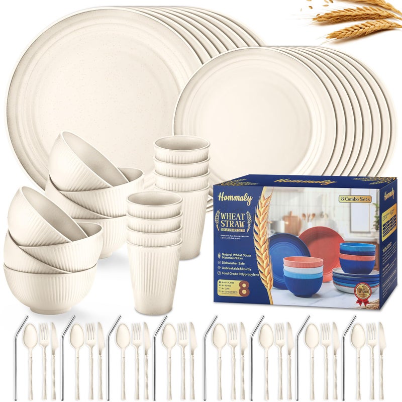HOMMALY Wheat Straw Dinnerware Sets,64-Piece Beige Plates and Bowls Sets for 8-Unbreakable,Reusable Plastic Dish Set-Dinner Plate/Dessert Plate/Cereal Bowl/Cup/Utensils-Microwavable Dishwasher Safe 64P-Beige - Image 1