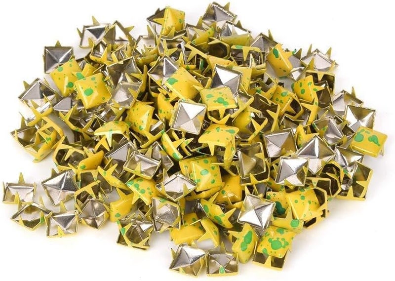 Square Rivets Metal 9mm, 200Pcs, Multi - Color DIY Decoration Accessories - Stylish Design, Easy Installation, Ideal for Shoes Bags Hats (Yellow Background with Green dots) - Image 1
