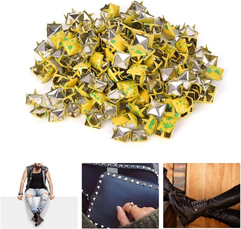 Square Rivets Metal 9mm, 200Pcs, Multi - Color DIY Decoration Accessories - Stylish Design, Easy Installation, Ideal for Shoes Bags Hats (Yellow Background with Green dots) - Image 4