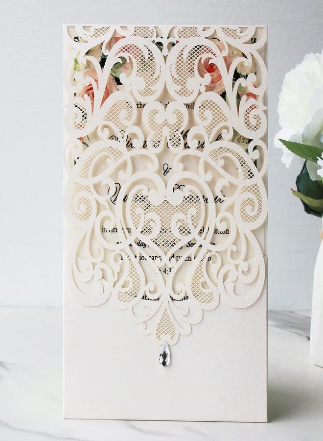 Hosmsua 50PCS White Wedding Invitations Kit 5 x 7.3 Inch Laser Cut Hollow Rose Rhinestone Pocket with Envelope for Quinceanera Bridal Shower Invite (White Ivory) - Image 3