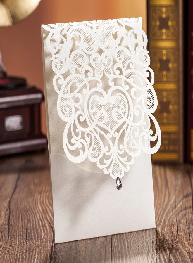 Hosmsua 50PCS White Wedding Invitations Kit 5 x 7.3 Inch Laser Cut Hollow Rose Rhinestone Pocket with Envelope for Quinceanera Bridal Shower Invite (White Ivory) - Image 2