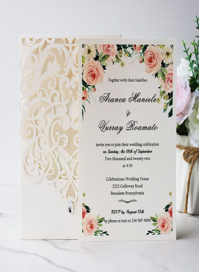 Hosmsua 50PCS White Wedding Invitations Kit 5 x 7.3 Inch Laser Cut Hollow Rose Rhinestone Pocket with Envelope for Quinceanera Bridal Shower Invite (White Ivory) - Image 4