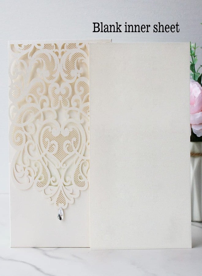 Hosmsua 50PCS White Wedding Invitations Kit 5 x 7.3 Inch Laser Cut Hollow Rose Rhinestone Pocket with Envelope for Quinceanera Bridal Shower Invite (White Ivory) - Image 5