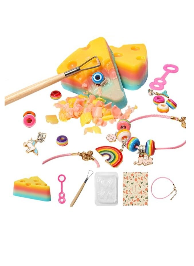 Excefore Creative Dig Kit for Kids Rainbow Cheese Soap Digging up for Kids, Cute Arts and Crafts Bracelet Making Kit Birthday Treasure Gifts for Girls Rainbow Toy Create Magic Jewelry Making Kit - Image 1