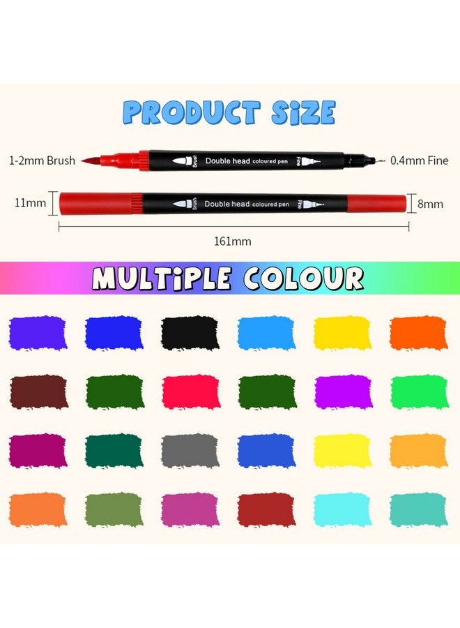 أقلام تحديد فرشاة مزدوجة 24 لونًا بنقطة رفيعة 0.4 مم ورأس فرشاة 12 مم علامات طلاء فنية للكبار تلوين الرسم وصنع لوازم الرسم الفنية (Dhmp24) - Image 2
