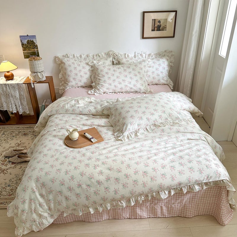 MKXI Queen Size Pink Floral Comforter Set - 3 Piece Ruffled Lace Bedding Set 1 Queen Comforter with 2 Pillowcases All Seasons, Soft Aesthetic Princess Style Floral Comforter for Girls, Women - Image 4