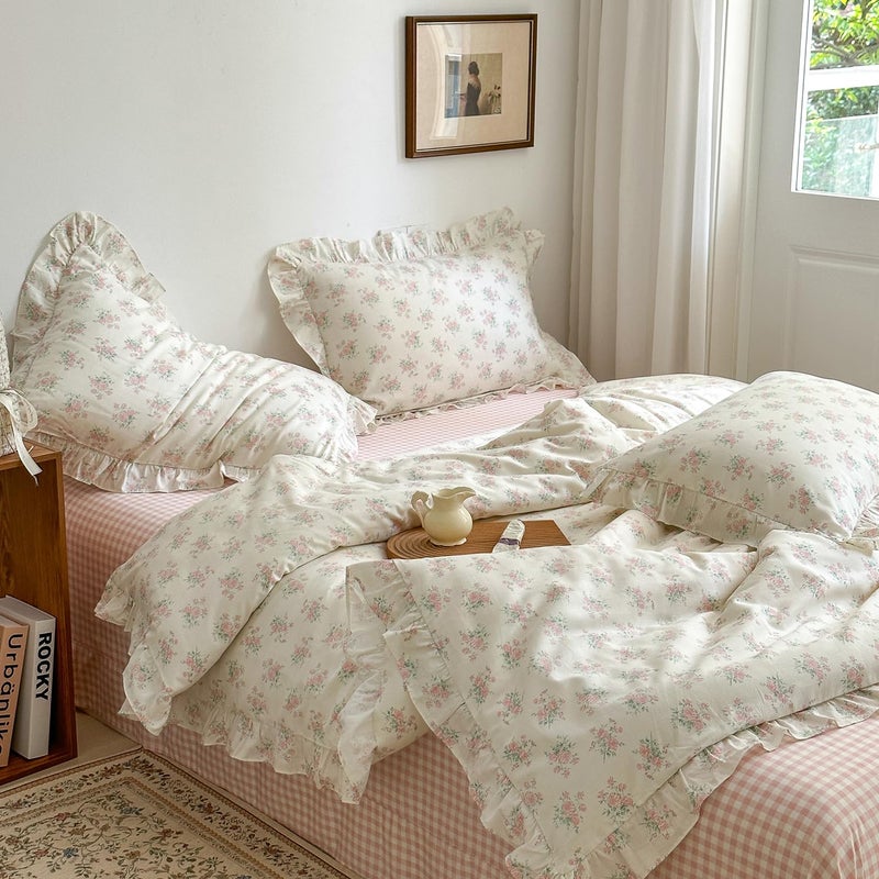 MKXI Queen Size Pink Floral Comforter Set - 3 Piece Ruffled Lace Bedding Set 1 Queen Comforter with 2 Pillowcases All Seasons, Soft Aesthetic Princess Style Floral Comforter for Girls, Women - Image 2