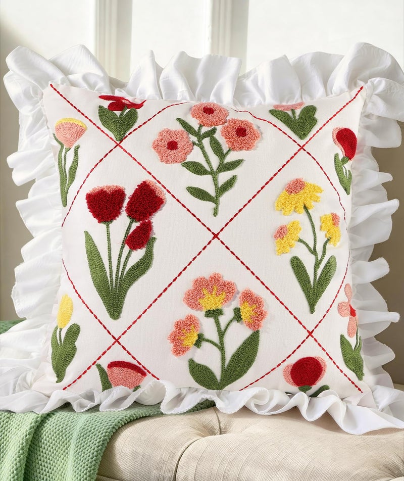 Kokaaee Embroidered Throw Pillow Cover 18x18 Decorative Pillow Cover with Zipper Aesthetic Cute Design Boho Spring Summer Throw Pillowcase for Living Room Couch Sofa Bed Ruffle Floral - Image 2