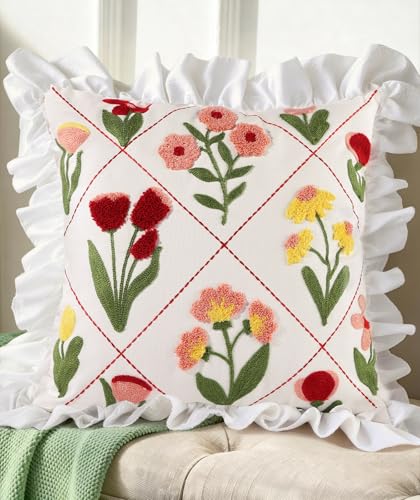Kokaaee Embroidered Throw Pillow Cover 18x18 Decorative Pillow Cover with Zipper Aesthetic Cute Design Boho Spring Summer Throw Pillowcase for Living Room Couch Sofa Bed Ruffle Floral - Image 1