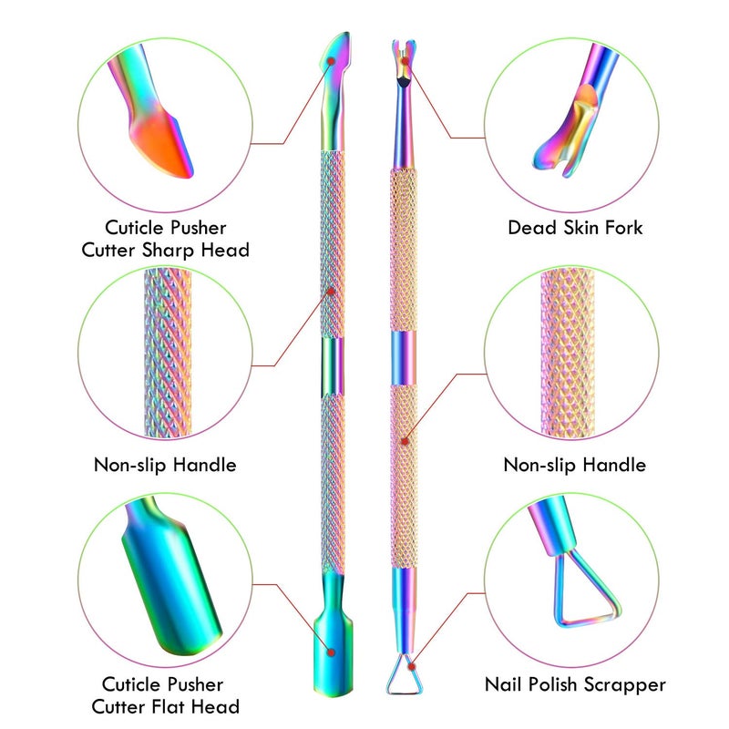 XUNXMAS 2PCS Cuticle Pusher and Cutter Remover, Xunxmas Salon Nail Scraper for Gel Polish, Stainless Steel Manicure and Pedicure Cleaner Tool for Fingernail and Toenail (Colorful) - Image 3