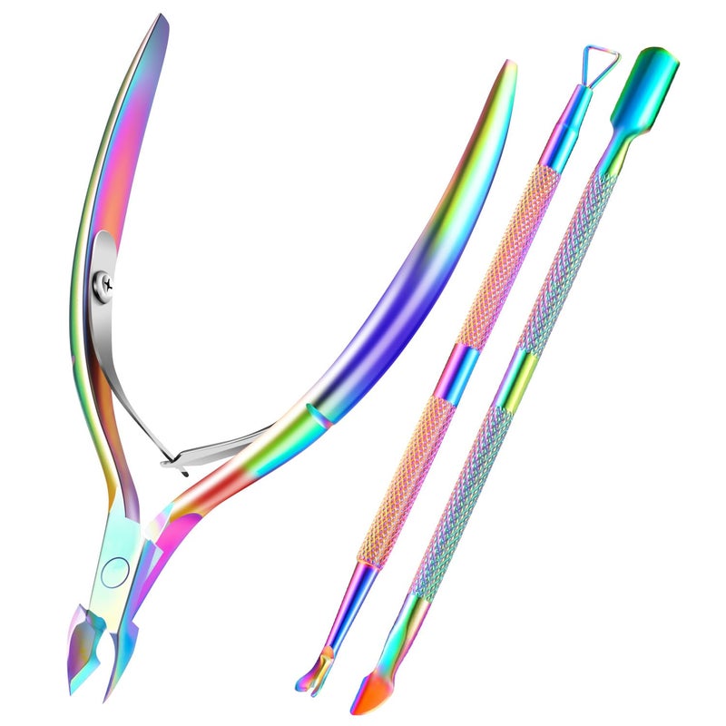 XUNXMAS 2PCS Cuticle Pusher and Cutter Remover, Xunxmas Salon Nail Scraper for Gel Polish, Stainless Steel Manicure and Pedicure Cleaner Tool for Fingernail and Toenail (Colorful) - Image 1