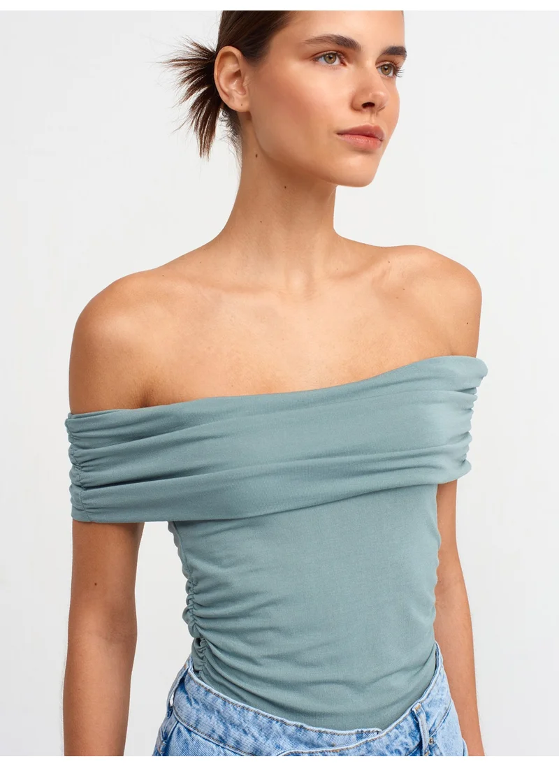 Dilvin 30902 Off Shoulder Gathered Top-Green