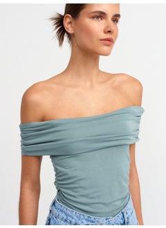 Dilvin 30902 Off Shoulder Gathered Top-Green  - Image 3