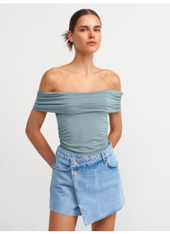 Dilvin 30902 Off Shoulder Gathered Top-Green  - Image 1