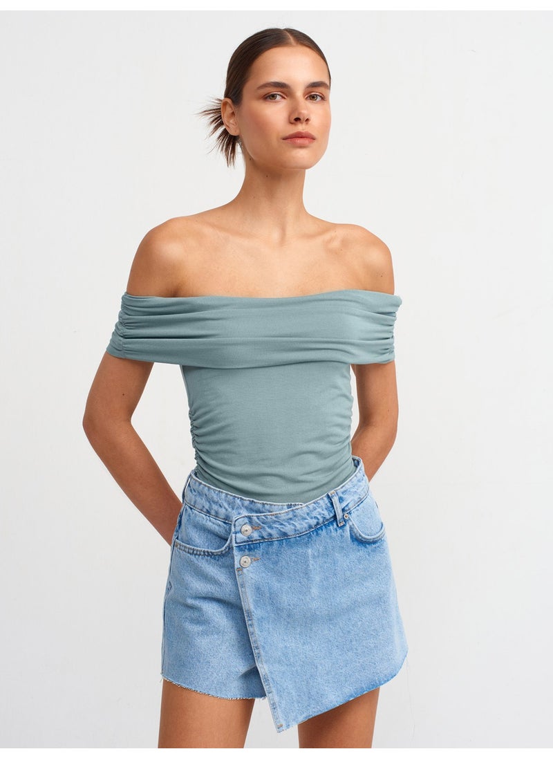 Dilvin 30902 Off Shoulder Gathered Top-Green  - Image 1