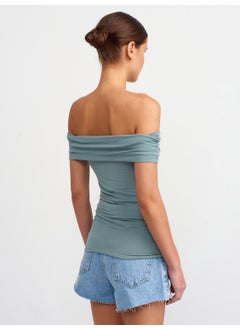 Dilvin 30902 Off Shoulder Gathered Top-Green  - Image 2