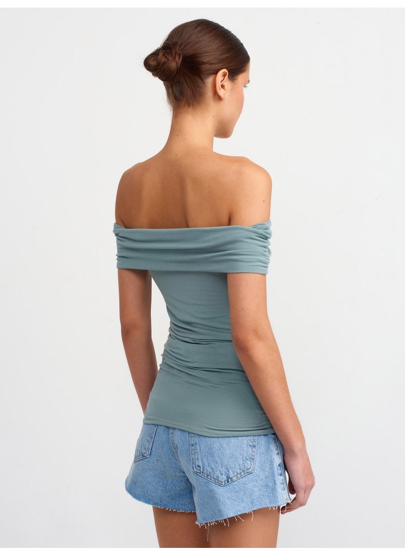 Dilvin 30902 Off Shoulder Gathered Top-Green  - Image 2
