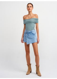 Dilvin 30902 Off Shoulder Gathered Top-Green  - Image 4
